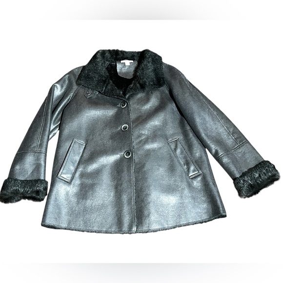 Coldwater Creek Metallic Faux Leather Fur Lined Jacket Pewter Relaxed Fit $230 - Picture 8 of 15